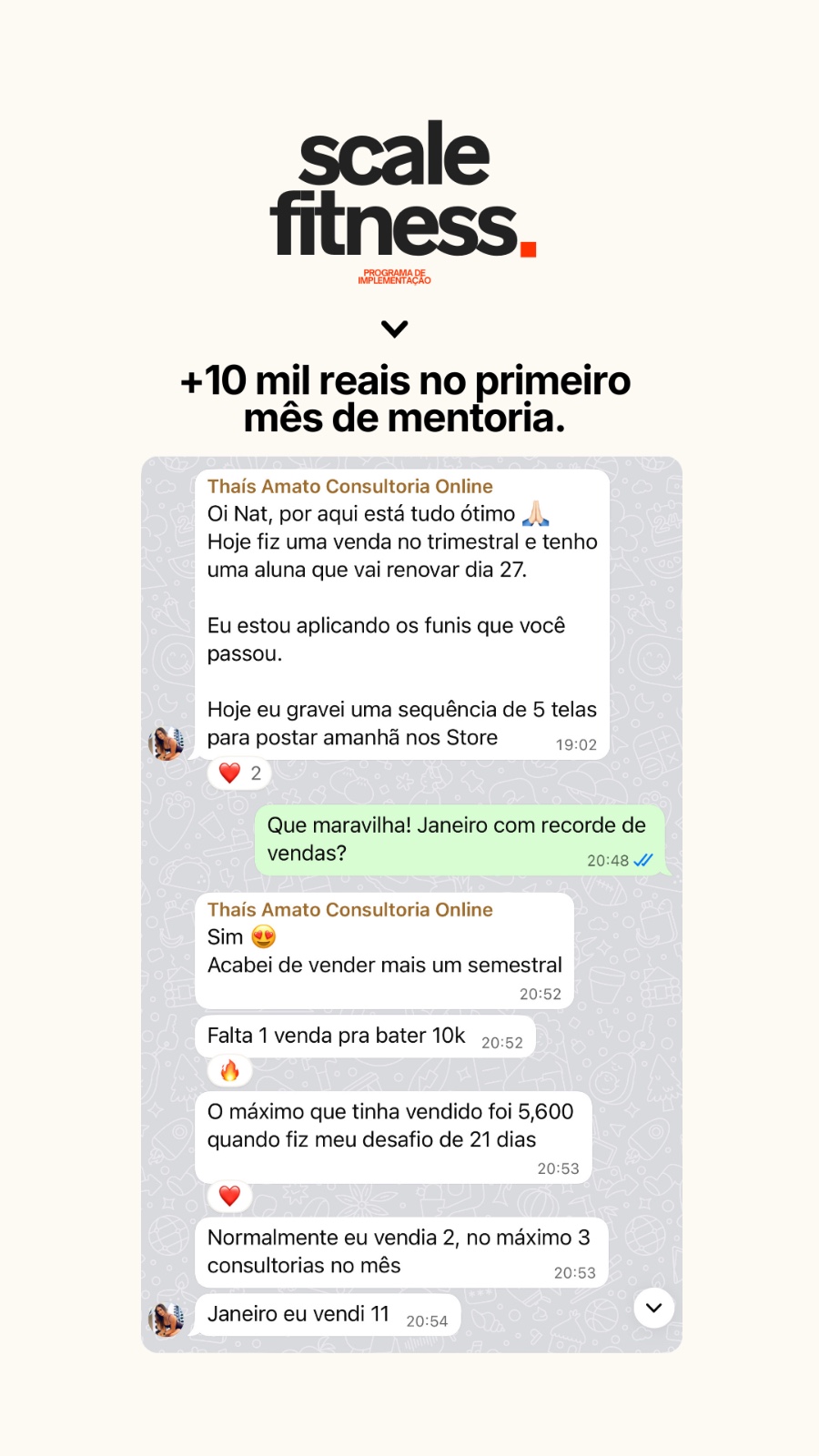 Mensagem da aluna Thaís Amato após 30 dias de mentoria SCALE